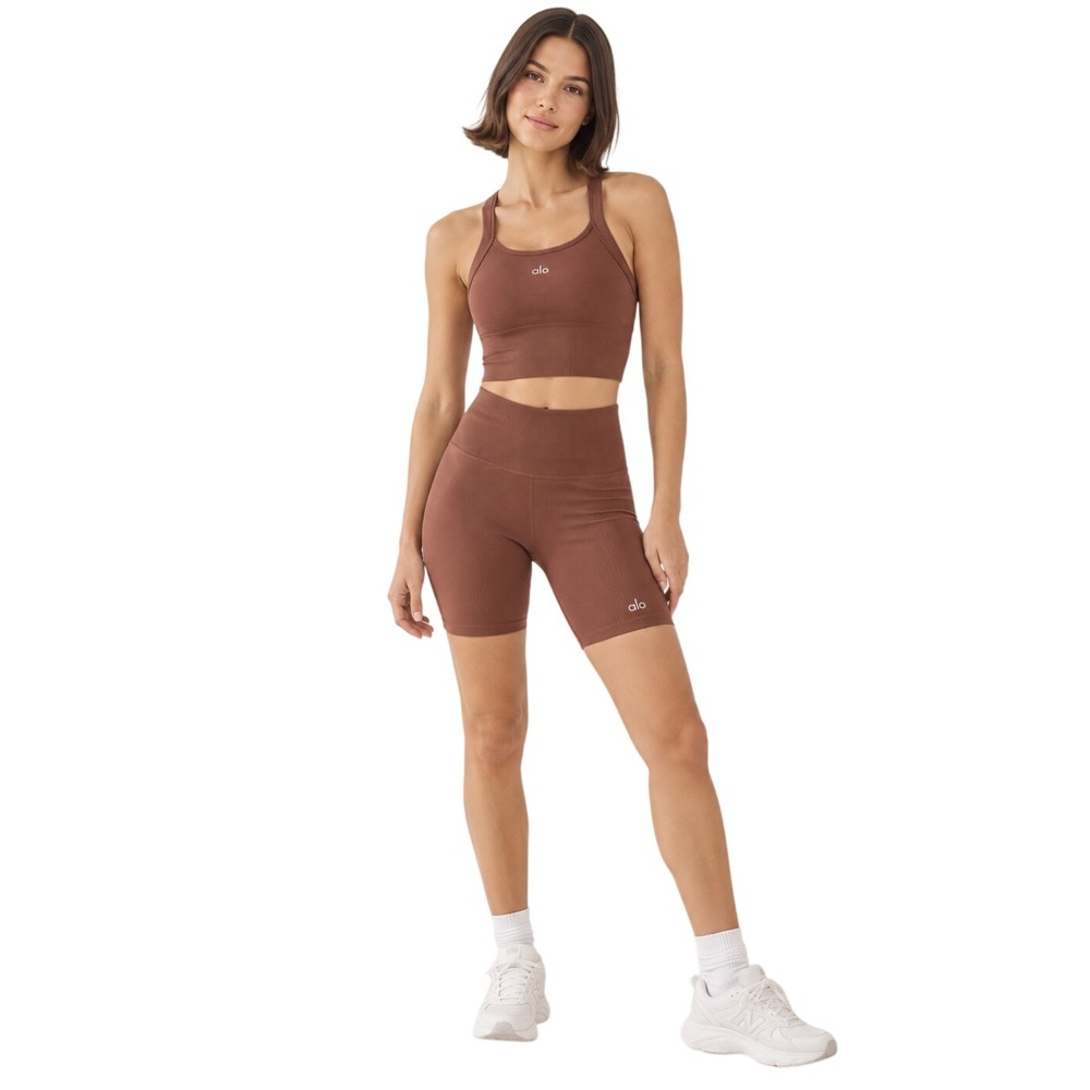 Alo Yoga Seamless Ribbed Favorite Bra Tank & Biker Shorts Set Brown Est Size M